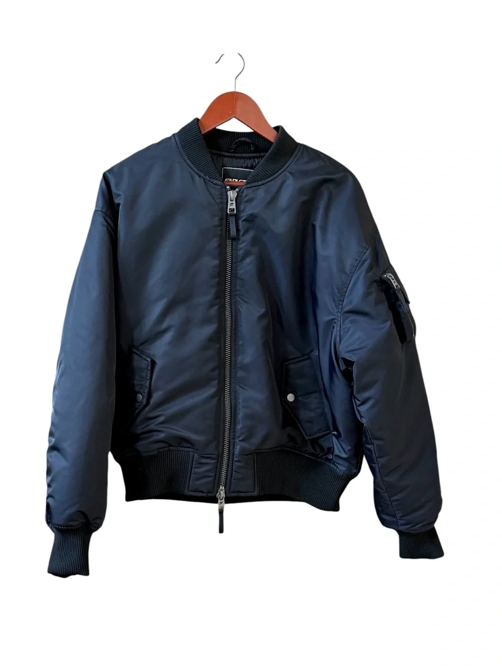 Fabletics Men’s Bomber Jacket Black Nylon Flight Jacket MA-1 Utility Zip